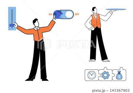 Man adjusting settings and waiter holding a tray vector illustration. Efficiency, workflow, time management, financial planning, service, professional tasks. Person controlling operations Man adjusting settings and waiter holding a tray vector illustration. Efficiency, workflow, time management, financial planning, service, professional tasks. Person controlling operations 143367903