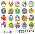 Collection of colorful cartoon chicken characters shown in various professions, activities, and poses 143368206