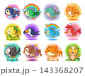 Collection of cute colorful cartoon birds with different shapes and expressions, surrounded by playful rainbow, floral, and nature elements 143368207