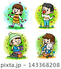 Cute cartoon children enjoying outdoor activities and colorful nature backgrounds. Cheerful child characters suitable for educational materials 143368208
