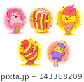 Colorful cartoon illustration featuring ice cream, popcorn, candy, and other sweet snack treats with playful shapes and cheerful expressions 143368209