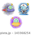 Cute cartoon alien and astronaut characters in a colorful space-themed illustration with playful expressions and imaginative details 143368254