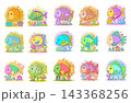Collection of cute fish cartoon characters featuring playful expressions, colorful designs, and underwater themes 143368256