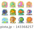 Collection of cute predator fish cartoon characters featuring strong expressions, colorful designs, and underwater themes 143368257