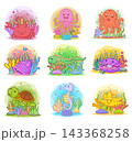Colorful cartoon collection of friendly sea animals including crab, jellyfish, octopus, shellfish, fish, turtle, seahorse, and starfish surrounded by coral, seaweed, and bubbles. Playful underwater il 143368258