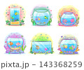 Collection of cute cartoon fish and aquatic characters displayed in a colorful aquarium setting. Clean vector-style illustrations featuring playful underwater elements 143368259