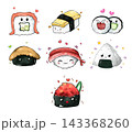 Collection of cute Japanese food cartoon illustrations featuring popular dishes and traditional food items in a colorful 143368260