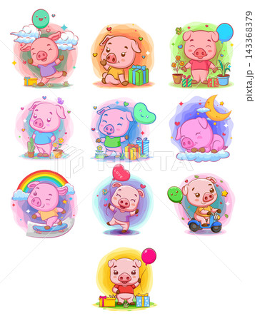 Cute pig cartoon character collection colorful vector illustration set Cute pig cartoon character collection colorful vector illustration set 143368379