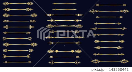 Chapter golden dividers, romantic separators. Creative vintage line elements, antique vignettes for menu and books. Elegant underlines. Vector recent design decoration set 143368441