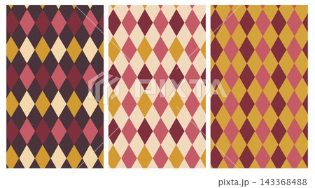 Circus seamless pattern. Harlequin lozenge backgrounds. Vector illustration. Checkered orange, red diamond textures. Set rhombus plaid prints. Modern argyle geometric backdrops. 143368488