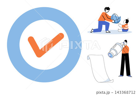 Checkmark symbol and people working with globe and telescope vector illustration. Success, achievement, global business, vision, strategy, planning. Approved sign and characters Checkmark symbol and people working with globe and telescope vector illustration. Success, achievement, global business, vision, strategy, planning. Approved sign and characters 143368712