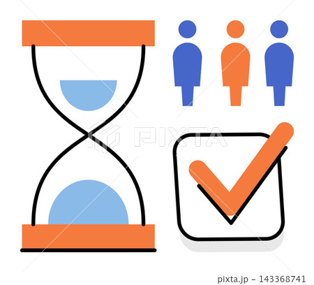 Hourglass with people icons and checkmark vector illustration. Efficiency, deadline, project management, teamwork, planning, task completion. Sandglass with human symbols and tick mark Hourglass with people icons and checkmark vector illustration. Efficiency, deadline, project management, teamwork, planning, task completion. Sandglass with human symbols and tick mark 143368741