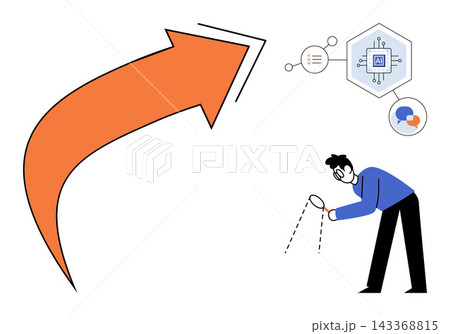 A person using a magnifying glass to examine artificial intelligence data icons with a rising arrow vector illustration. Technology, innovation, data analysis, business growth, digital, research. Man 143368815