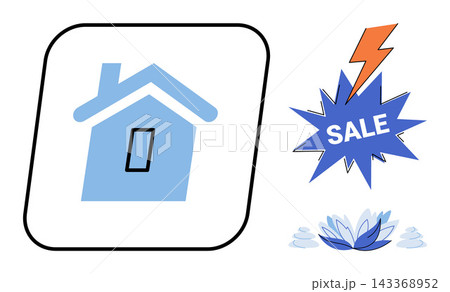 House icon with a sale burst and lotus flower vector illustration. Property marketing, discount offer, relaxation, home wellness, balance, peaceful living. Residential building symbol with lightning 143368952
