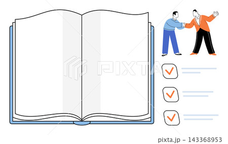 Open book with a handshake illustration and checklist vector illustration. Business agreement, partnership, contract, negotiation, deal, success. Blank pages with shaking hands icon Open book with a handshake illustration and checklist vector illustration. Business agreement, partnership, contract, negotiation, deal, success. Blank pages with shaking hands icon 143368953