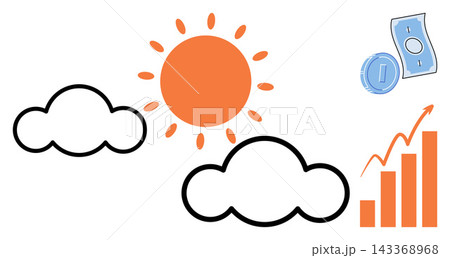 Sun clouds and financial growth icons vector illustration. Business development, market forecast, economic climate, investment strategy, profit increase, weather conditions. Sunny sky and money 143368968