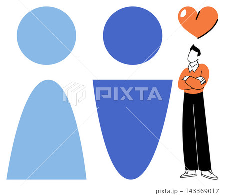 Man standing beside abstract human figures and heart symbol vector illustration. Relationships, dating, social connection, love, psychology, community. Person near geometric shapes and icon Man standing beside abstract human figures and heart symbol vector illustration. Relationships, dating, social connection, love, psychology, community. Person near geometric shapes and icon 143369017