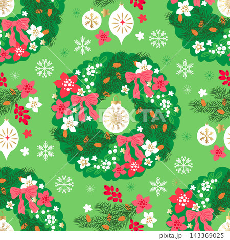 Cute Merry Christmas Seamless pattern Hand-drawn wreath with poinsettias, holly berries, rowanberry, branches and snowflakes Vector template background illustration Cute Merry Christmas Seamless pattern Hand-drawn wreath with poinsettias, holly berries, rowanberry, branches and snowflakes Vector template background illustration 143369025