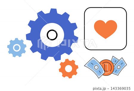 Gears heart and money icons vector illustration. Efficiency, customer loyalty, financial growth, business management, service quality, profit optimization. Mechanical parts love symbol currency Gears heart and money icons vector illustration. Efficiency, customer loyalty, financial growth, business management, service quality, profit optimization. Mechanical parts love symbol currency 143369035
