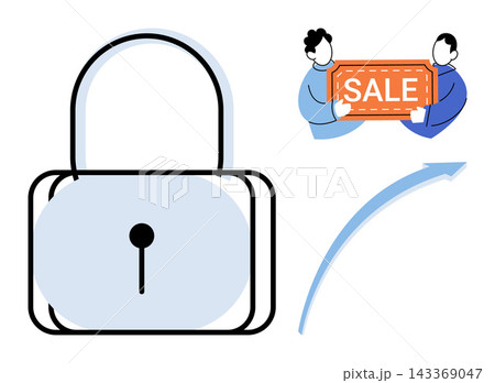 Padlock icon with people holding a sale sign and arrow vector illustration. E-commerce, digital marketing, retail promotion, secure shopping, consumer savings, business growth. Closed security device 143369047