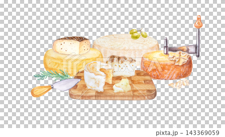 Artisan cheese horizontal composition with girolle, tete de moine, camembert, board and grapes. Hand drawn watercolor illustration isolated on. Realistic gourmet food clipart for menu design Artisan cheese horizontal composition with girolle, tete de moine, camembert, board and grapes. Hand drawn watercolor illustration isolated on. Realistic gourmet food clipart for menu design 143369059