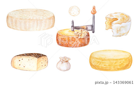Artisan gourmet cheese set with whole wheels, girolle cutter, tete de moine, camembert and burrata. Hand drawn watercolor illustration isolated on. Realistic detailed food clipart for menu design Artisan gourmet cheese set with whole wheels, girolle cutter, tete de moine, camembert and burrata. Hand drawn watercolor illustration isolated on. Realistic detailed food clipart for menu design 143369061