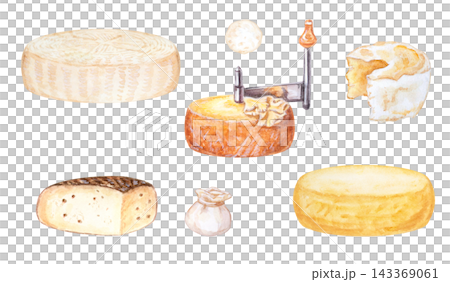 Artisan gourmet cheese set with whole wheels, girolle cutter, tete de moine, camembert and burrata. Hand drawn watercolor illustration isolated on. Realistic detailed food clipart for menu design Artisan gourmet cheese set with whole wheels, girolle cutter, tete de moine, camembert and burrata. Hand drawn watercolor illustration isolated on. Realistic detailed food clipart for menu design 143369061
