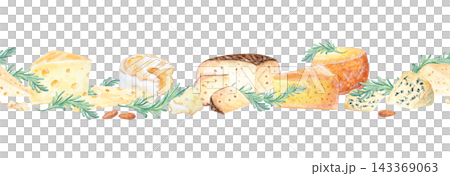 Artisan cheese seamless border horizontal pattern with rosemary herbs and almonds. Hand drawn watercolor illustration isolated on. Realistic gourmet food clipart for menu design Artisan cheese seamless border horizontal pattern with rosemary herbs and almonds. Hand drawn watercolor illustration isolated on. Realistic gourmet food clipart for menu design 143369063