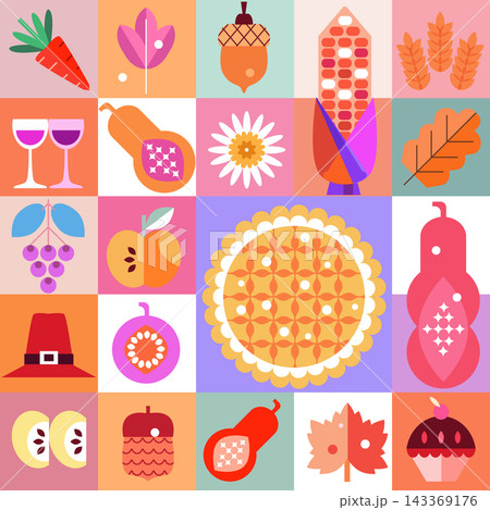 Happy Thanksgiving day  template autumn Holiday design family dinner postcard with Turkey; pie, pumpkin, fruit, food Vector cute illustration 143369176