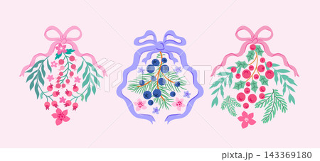 Christmas floral collection with seasonal garlands, borders, garland, wreath, ribbons, bows and winter holiday hand drawn decor set Vector cute illustration Christmas floral collection with seasonal garlands, borders, garland, wreath, ribbons, bows and winter holiday hand drawn decor set Vector cute illustration 143369180