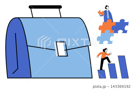 Business briefcase with people solving puzzles and climbing growth charts vector illustration. Professional development, career advancement, problem solving, teamwork, strategy, corporate success 143369192
