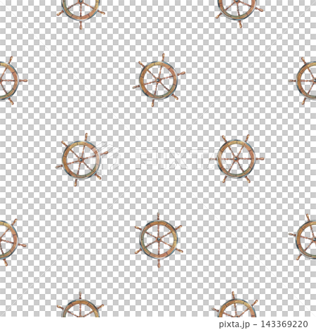 Watercolor nautical seamless pattern with vintage wooden steering wheel helm elements. Isolated hand drawn watercolor illustration for creative marine background textile wallpaper design Watercolor nautical seamless pattern with vintage wooden steering wheel helm elements. Isolated hand drawn watercolor illustration for creative marine background textile wallpaper design 143369220