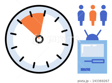 Clock with highlighted segment and television icon with people vector illustration. Media research, audience measurement, broadcast rating, viewer statistics, market analysis, data tracking. Watch Clock with highlighted segment and television icon with people vector illustration. Media research, audience measurement, broadcast rating, viewer statistics, market analysis, data tracking. Watch 143369267