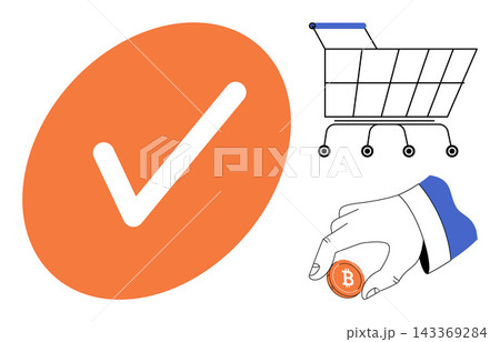 Checkmark shopping cart and hand holding bitcoin vector illustration. Online shopping, digital payment, financial transaction, retail commerce, crypto investment, secure checkout process. Approved Checkmark shopping cart and hand holding bitcoin vector illustration. Online shopping, digital payment, financial transaction, retail commerce, crypto investment, secure checkout process. Approved 143369284