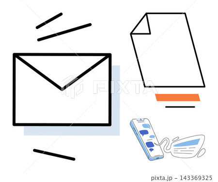 Envelope, document, and smartphone with chat bubbles vector illustration. Business correspondence, digital messaging, remote work, data transfer, mobile communication, office tasks. Mail icon, file 143369325