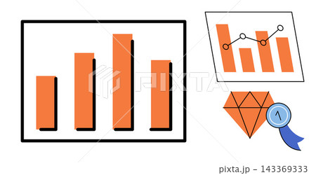Bar charts and diamond award icon vector illustration. Financial growth, data analysis, business success, quality assurance, market research, achievement. Statistical graphs and gem symbol Bar charts and diamond award icon vector illustration. Financial growth, data analysis, business success, quality assurance, market research, achievement. Statistical graphs and gem symbol 143369333