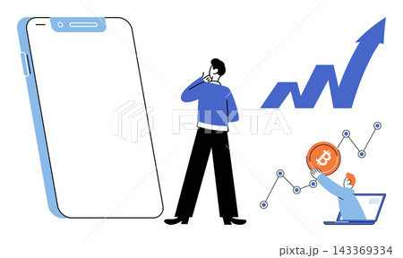 Man looking at a smartphone and digital charts is a vector illustration. Investment, finance, cryptocurrency, business growth, market analysis, digital economy. Person observing rising stock graphs 143369334