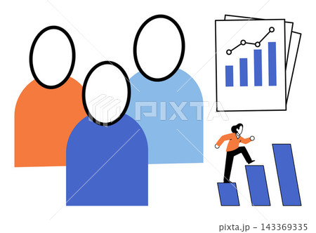 People icons with a business chart and a woman climbing a bar graph vector illustration. Professional development, corporate growth, teamwork, career advancement, success, leadership. Group avatars 143369335
