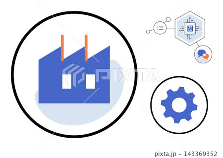 Factory building and gear icons with digital network elements vector illustration. Industry 4.0, manufacturing, automation, technology, production, innovation. Industrial plant and cogwheel symbols 143369352