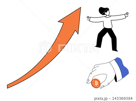 Rising arrow with a person and hand holding a bitcoin coin vector illustration. Investment, finance, wealth, cryptocurrency, trading, success. Upward trend graphic with digital currency Rising arrow with a person and hand holding a bitcoin coin vector illustration. Investment, finance, wealth, cryptocurrency, trading, success. Upward trend graphic with digital currency 143369384