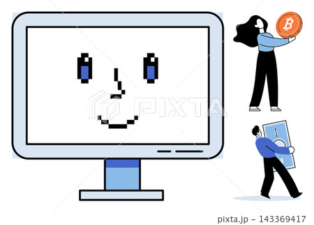 Computer monitor with a pixel face and people holding money vector illustration. Cryptocurrency, online banking, digital finance, electronic payment, investment, wealth management. Screen Computer monitor with a pixel face and people holding money vector illustration. Cryptocurrency, online banking, digital finance, electronic payment, investment, wealth management. Screen 143369417