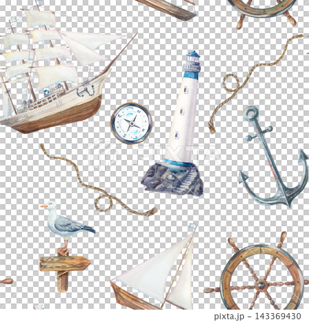 Watercolor nautical seamless pattern with vintage sailing ship, lighthouse, anchor, steering wheel, seagull, compass and rope. Hand drawn marine background isolated Watercolor nautical seamless pattern with vintage sailing ship, lighthouse, anchor, steering wheel, seagull, compass and rope. Hand drawn marine background isolated 143369430