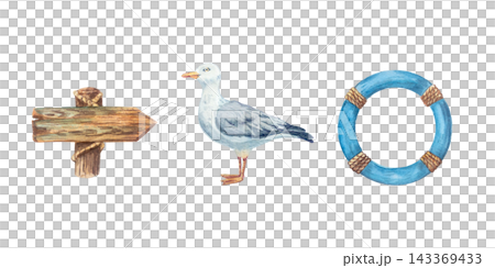Nautical marine watercolor set with authentic seagull bird rustic wooden signpost and blue lifebuoy. Isolated hand drawn illustration elements. Detailed collection for scandinavian design Nautical marine watercolor set with authentic seagull bird rustic wooden signpost and blue lifebuoy. Isolated hand drawn illustration elements. Detailed collection for scandinavian design 143369433