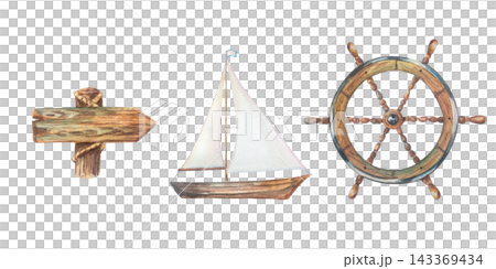 Nautical marine watercolor set with minimalist wooden sailboat rustic arrow signpost and authentic helm steering wheel. Isolated hand drawn illustration elements. Nautical marine watercolor set with minimalist wooden sailboat rustic arrow signpost and authentic helm steering wheel. Isolated hand drawn illustration elements. 143369434