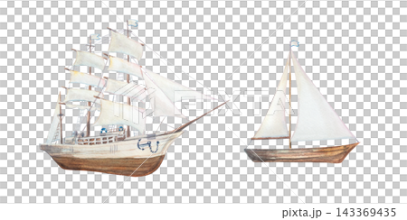 Classic wooden sailboat ship set with detailed frigate vessel and minimalist yacht boat. Isolated hand drawn watercolor illustration elements. Retro detailed drawing for marine scandinavian print Classic wooden sailboat ship set with detailed frigate vessel and minimalist yacht boat. Isolated hand drawn watercolor illustration elements. Retro detailed drawing for marine scandinavian print 143369435