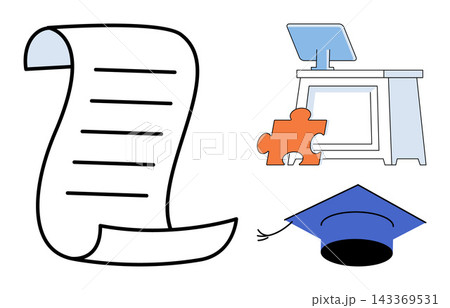 Scroll paper desk with computer and graduation cap vector illustration. Academic research, student learning, university studies, knowledge development, school project, online education. Document Scroll paper desk with computer and graduation cap vector illustration. Academic research, student learning, university studies, knowledge development, school project, online education. Document 143369531