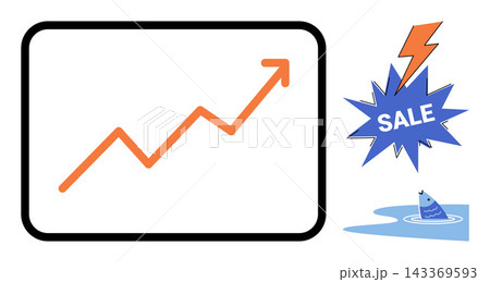 Rising growth chart with sale flash icon and fish vector illustration. Marketing, commerce, retail, finance, success, strategy. Increasing trend graph with discount burst and aquatic animal 143369593