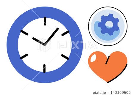 Clock gear and heart icons vector illustration. Productivity, health, efficiency, wellness, organization, lifestyle. Chronometer cogwheel and love symbol graphics for professional design Clock gear and heart icons vector illustration. Productivity, health, efficiency, wellness, organization, lifestyle. Chronometer cogwheel and love symbol graphics for professional design 143369606