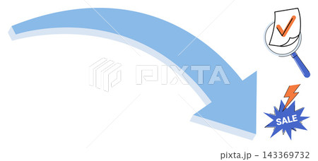 Blue arrow pointing down with document audit and flash sale icons vector illustration. Marketing, commerce, business growth, financial analysis, retail strategy, discount promotion. Directional 143369732