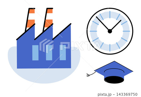 Factory building clock and graduation cap vector illustration. Productivity, education, time management, industrial development, academic success, workflow planning. Manufacturing plant timepiece Factory building clock and graduation cap vector illustration. Productivity, education, time management, industrial development, academic success, workflow planning. Manufacturing plant timepiece 143369750